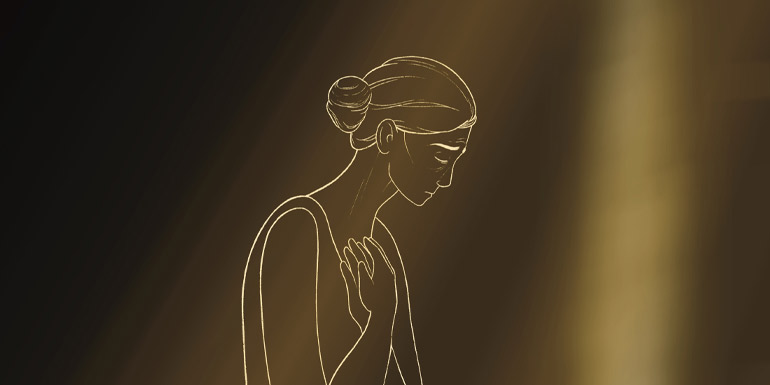 The main image is the outline of a woman in profile. Her hair is tied in a low bun. She's looking down. She looks sad. Her hands are clasped together over her heart. The background is black with pale gold streams of light coming diagonally from the top right corner.
