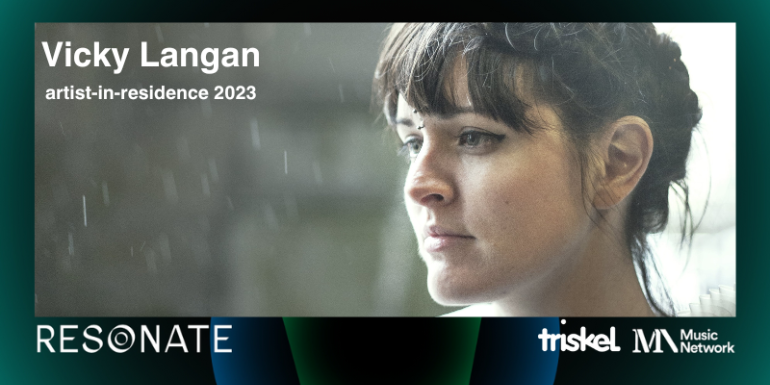 An image is framed with the logos for "Resonate", "Triskel" and the "Music Network" and captioned with the words "Vicky Langan: artist-in-residence 2023". As for the image itself, the right half of the picture shows the head and shoulders of a white woman, who is positioned obliquely to the camera. She has a sombre expression, a piercing between her eyes and is wearing white. The left half of the picture is out of focus, but seems to include rain against a grey background. The image has a morose tone.