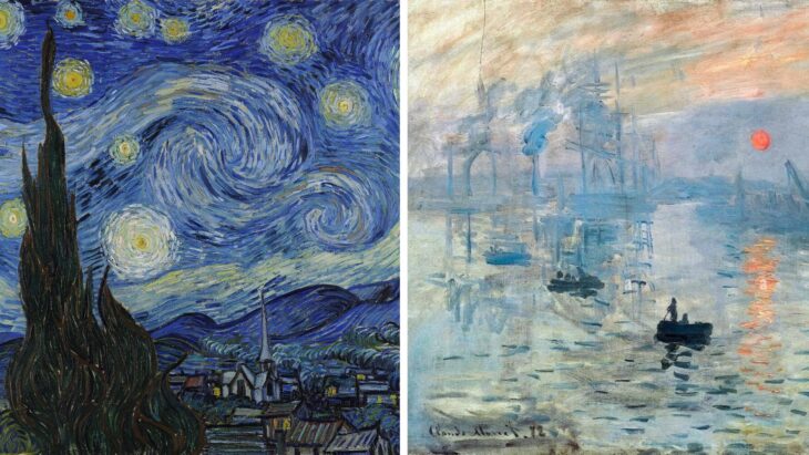 Starry Night by Vincent Van Gogh and an impressionist painting of small boats with an industrial city in the background.